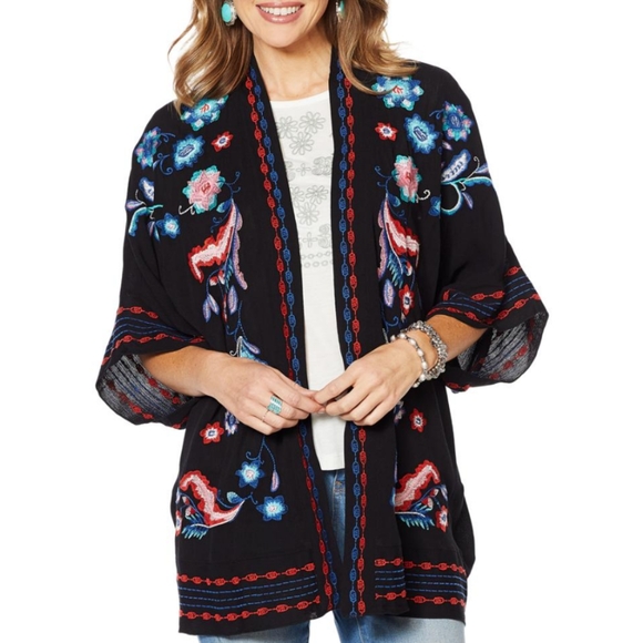 Curstions Tops - Curations Embroidered Floral Gauze Kimono Women's M/L Black Blue Boho Retro 90s
